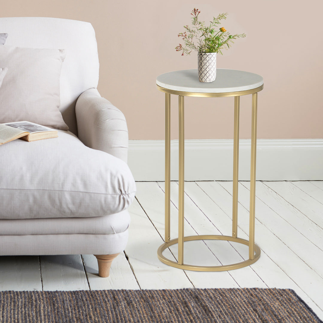 Noah Round Marble Side Table In Gold Finish