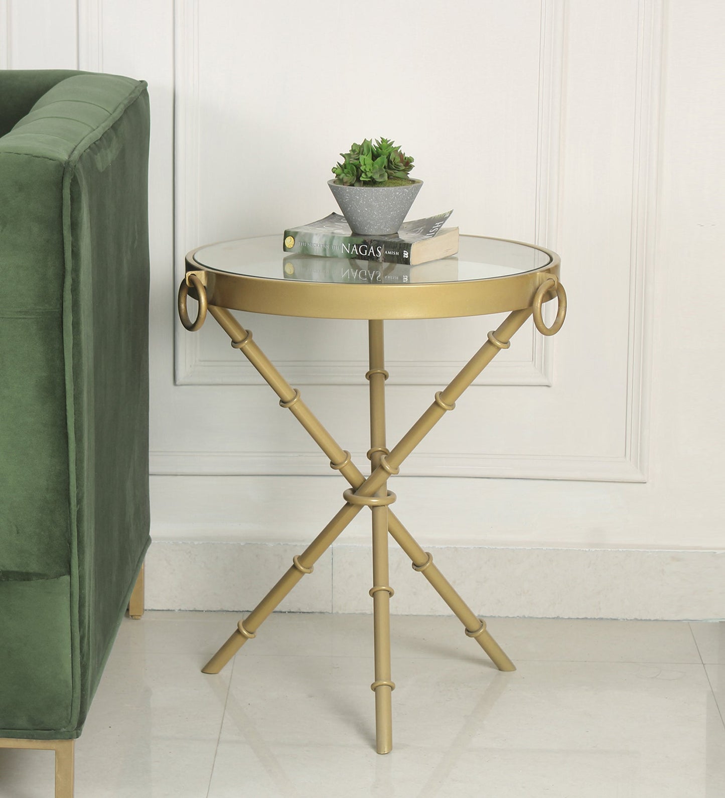 Hensen Glass Side Table In Gold Finish