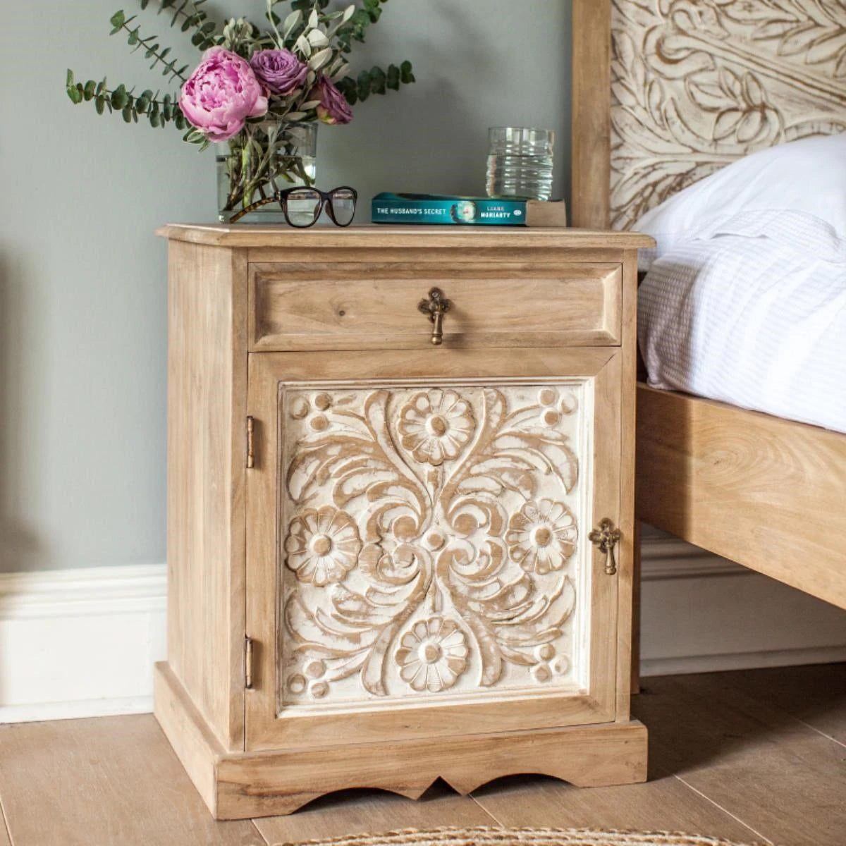 Roy Solidwood Bed Side Table-White Lime washed
