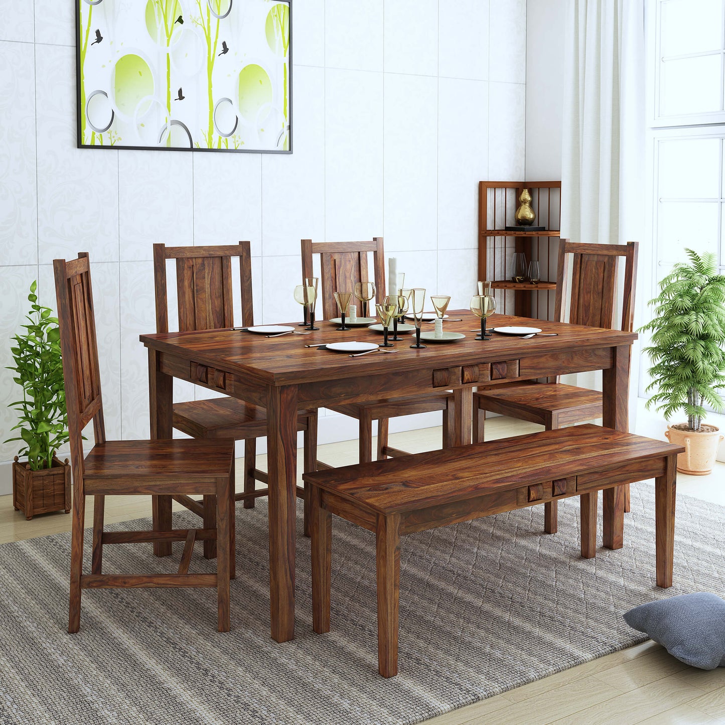 Weave Six Seater Dining With Bench-Teak