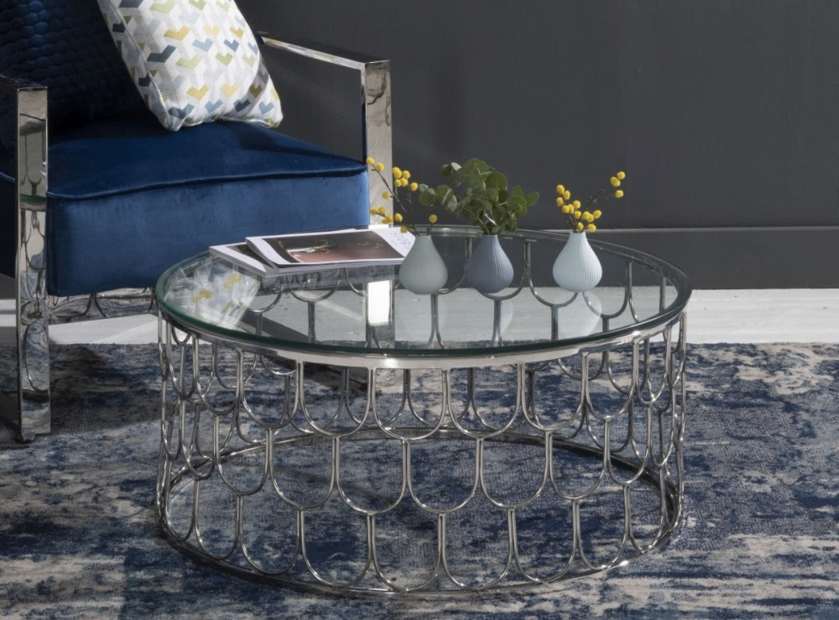 Pearl Glass Round Coffee Table In Chrome Finish