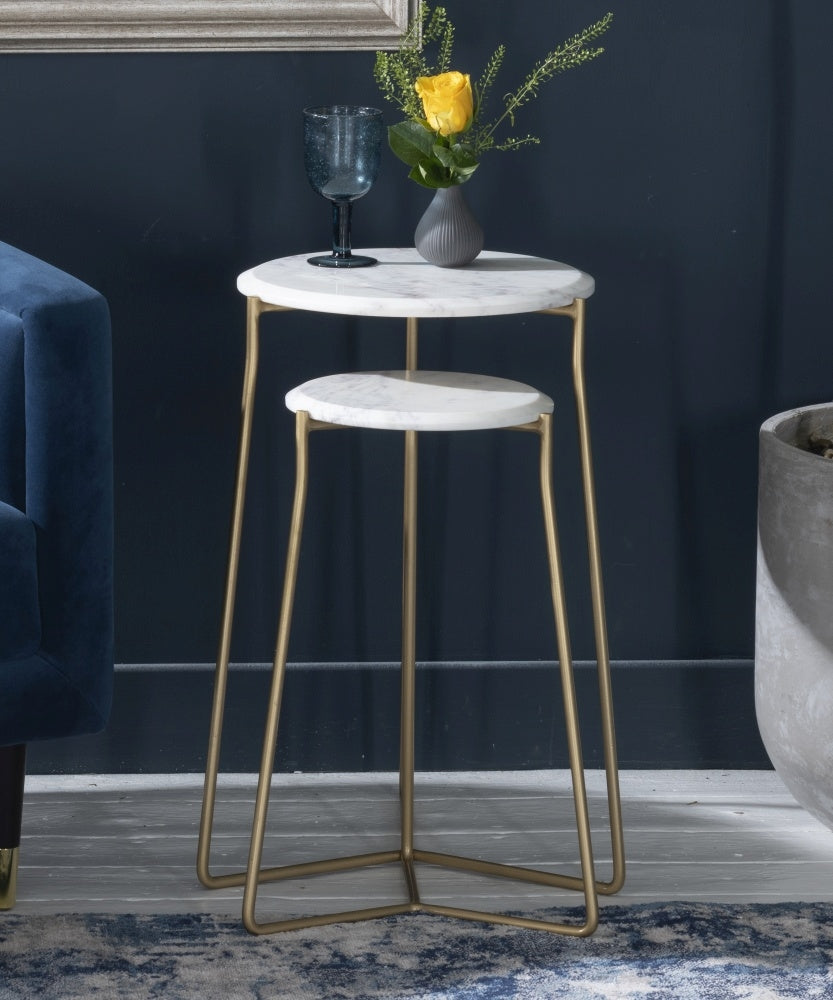 Raphia Marble Nesting Side Table In Gold Finish (Set Of 2)