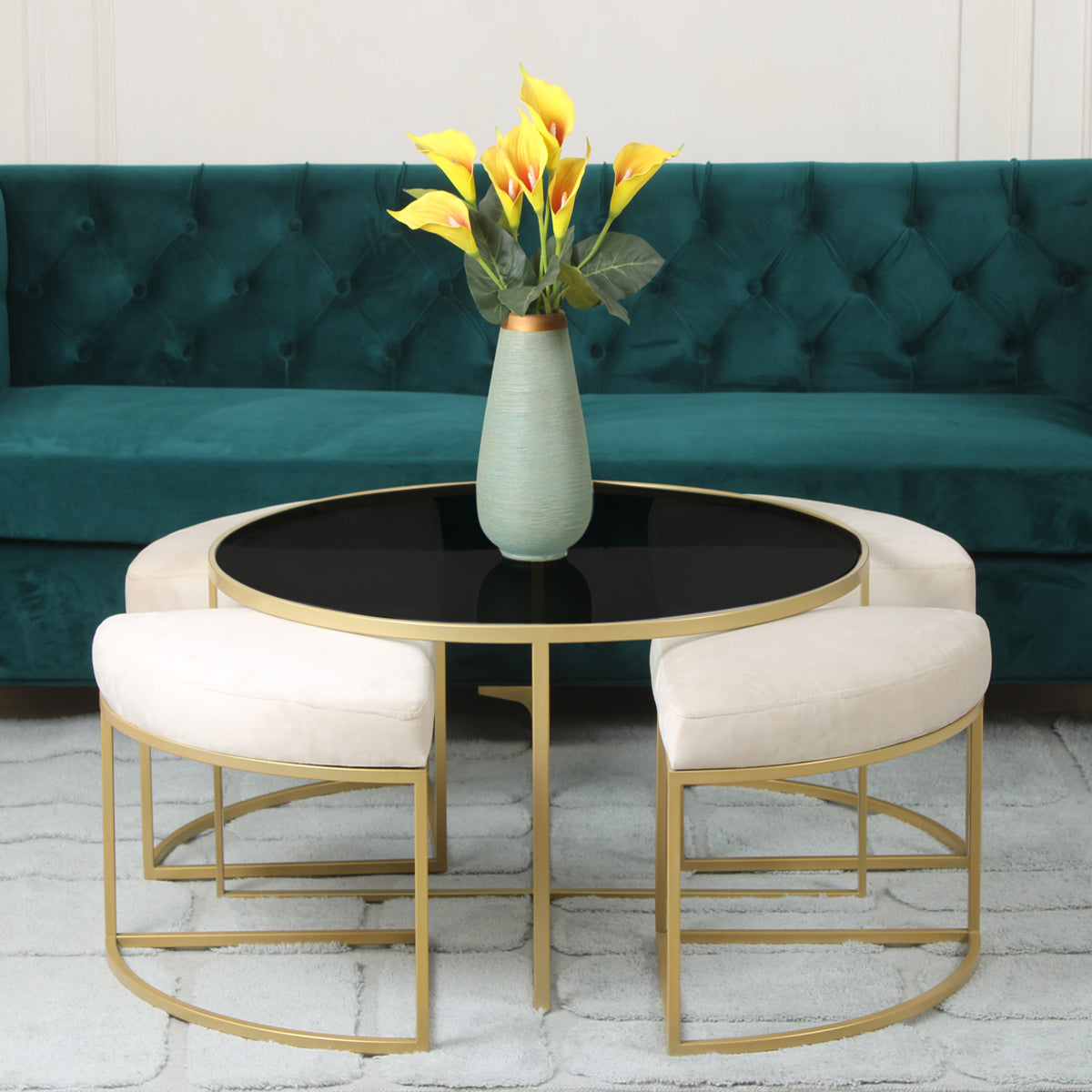 Cassel Nesting Black Glass Coffee Table Set With 4 Stools In Gold Finish