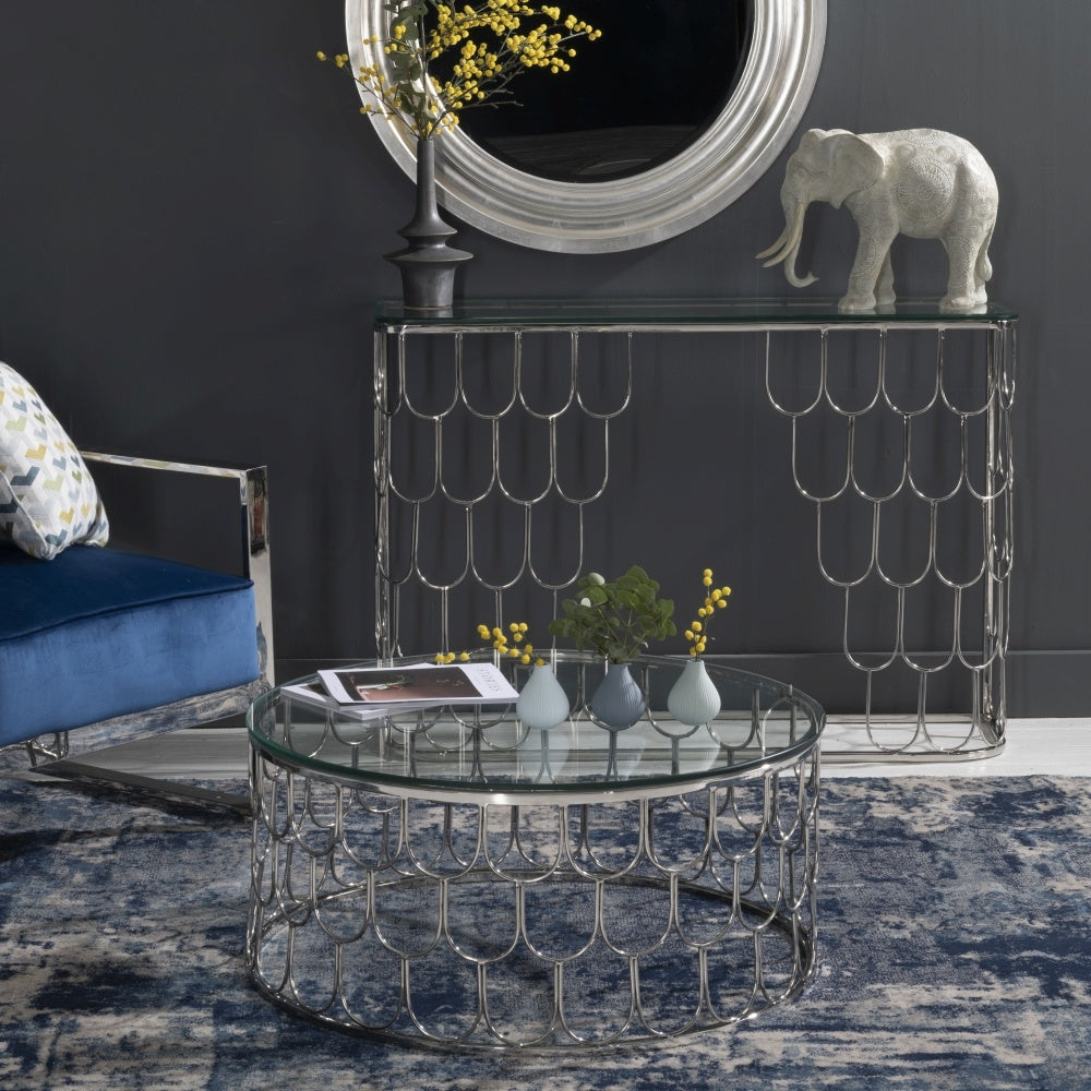 Pearl Glass Console Table In Chrome Finish