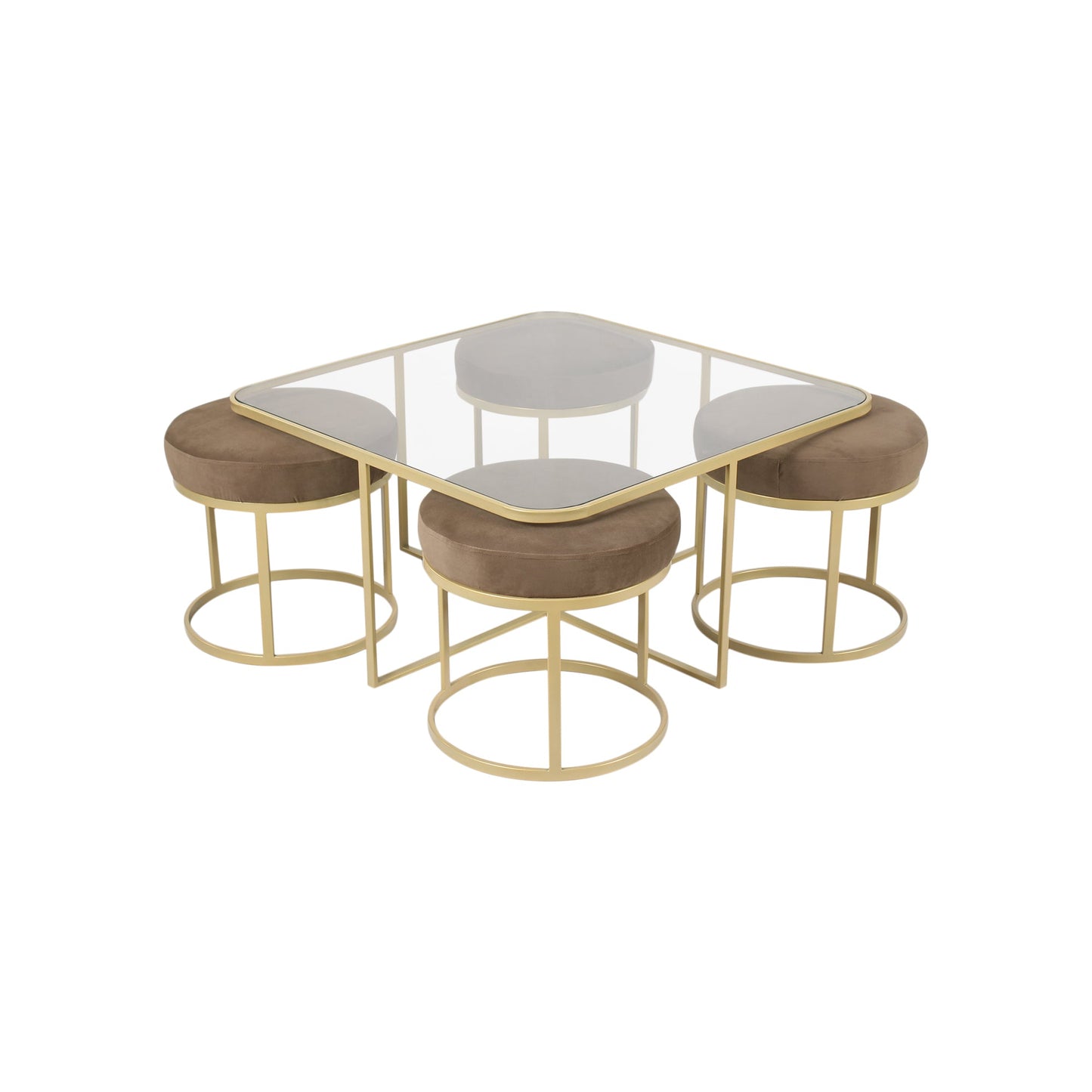 Cassel Nesting Clear Glass Coffee Table Set With 4 Stools In Gold Finish