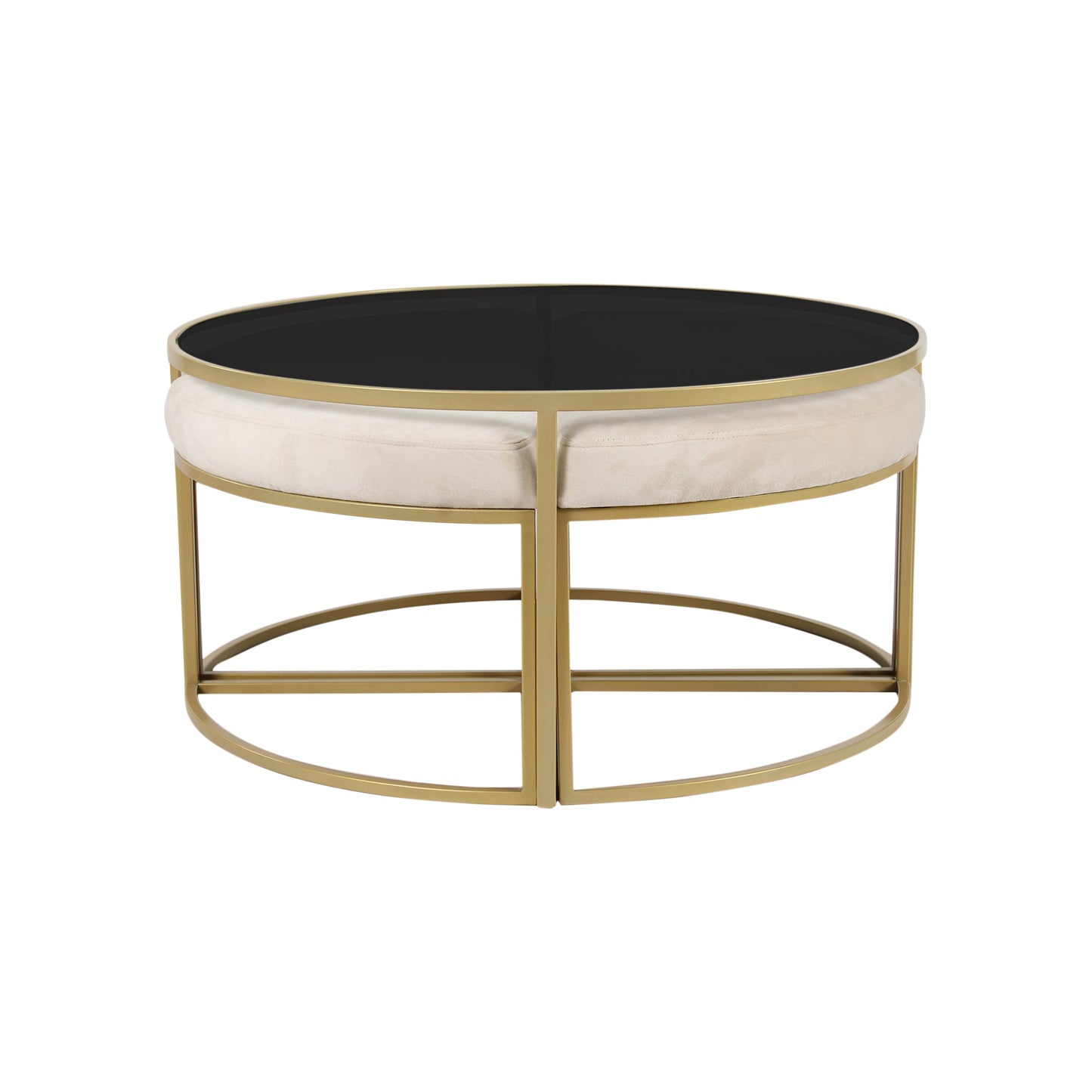 Cassel Nesting Black Glass Coffee Table Set With 4 Stools In Gold Finish